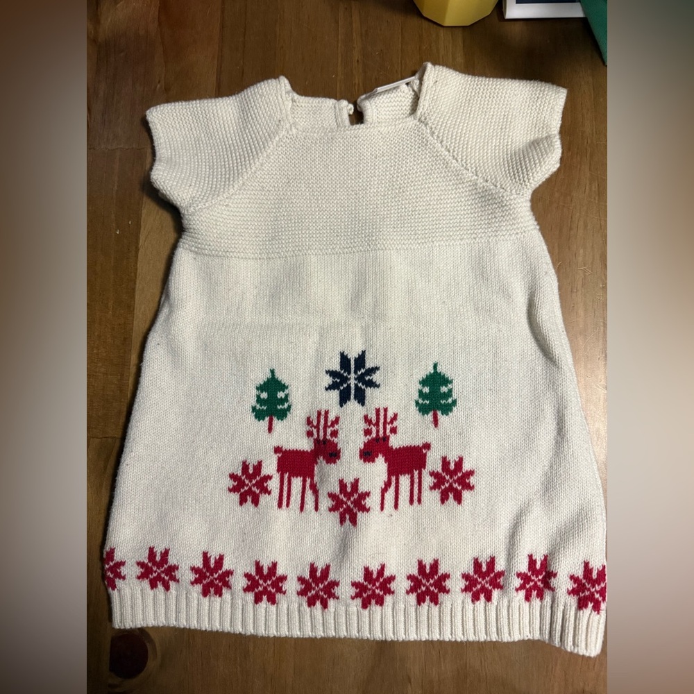 Hanna Andersson White Sweater Dress with Red and Green Holiday Print 12-18 mos